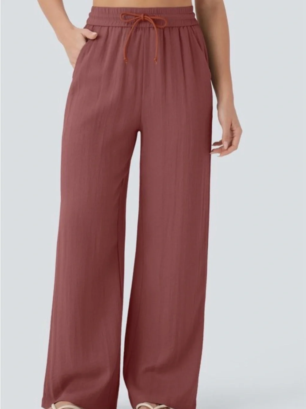 High Waisted Drawstring Pocket Wide Leg Baggy Casual Linen-Feel Pants